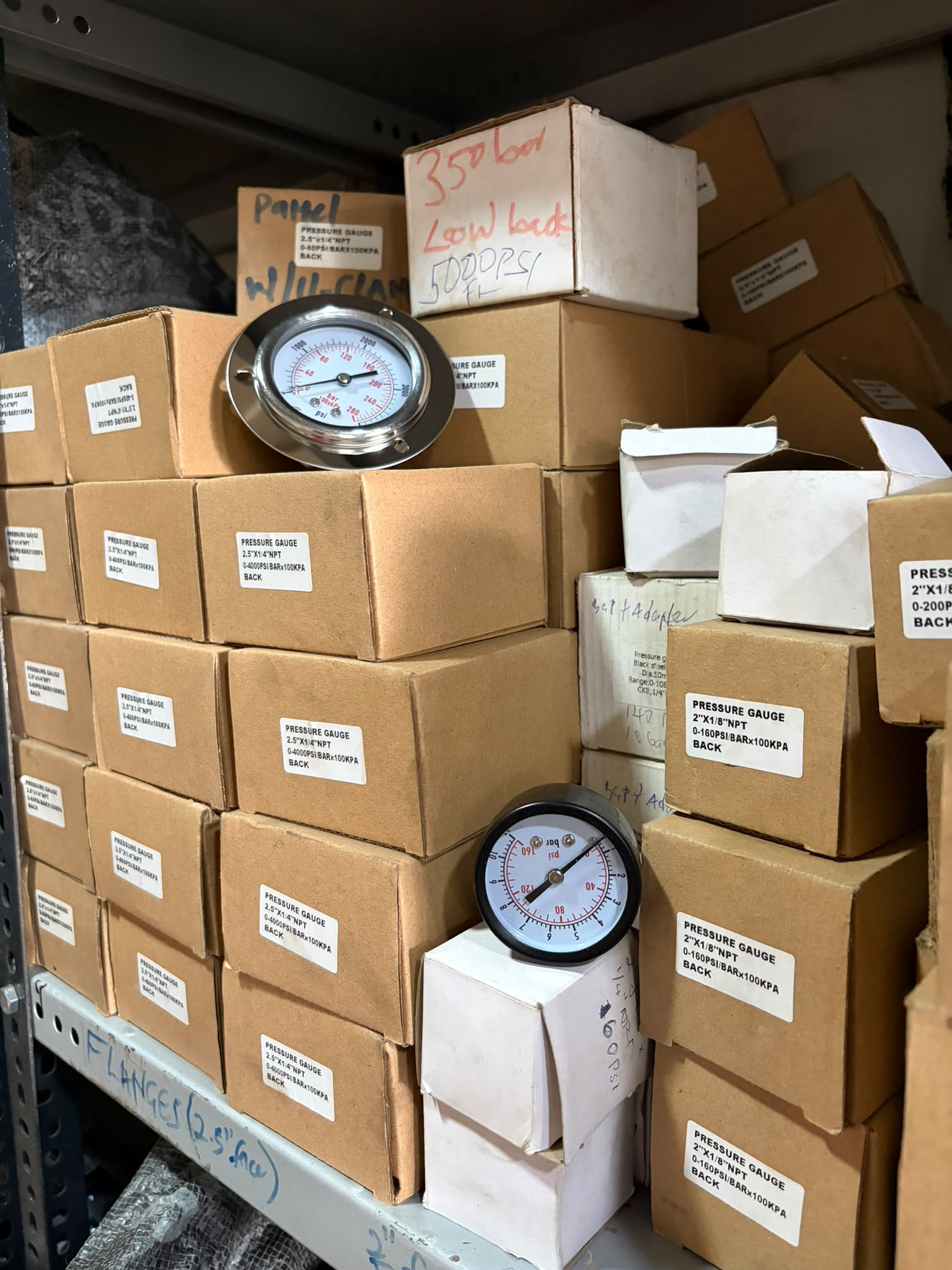 A hydraulic pressure gauge used during testing